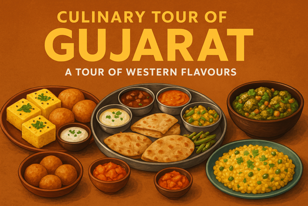 The image showcases a vibrant spread of traditional Gujarati dishes under the title "Culinary Tour of Gujarat: A Tour of Western Flavours" on a warm orange background.