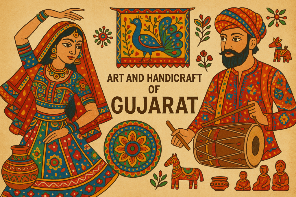 The image is a vibrant folk-art illustration celebrating the traditional art and handicrafts of Gujarat, featuring dancers, musicians, textiles, pottery, and motifs like peacocks and horses.