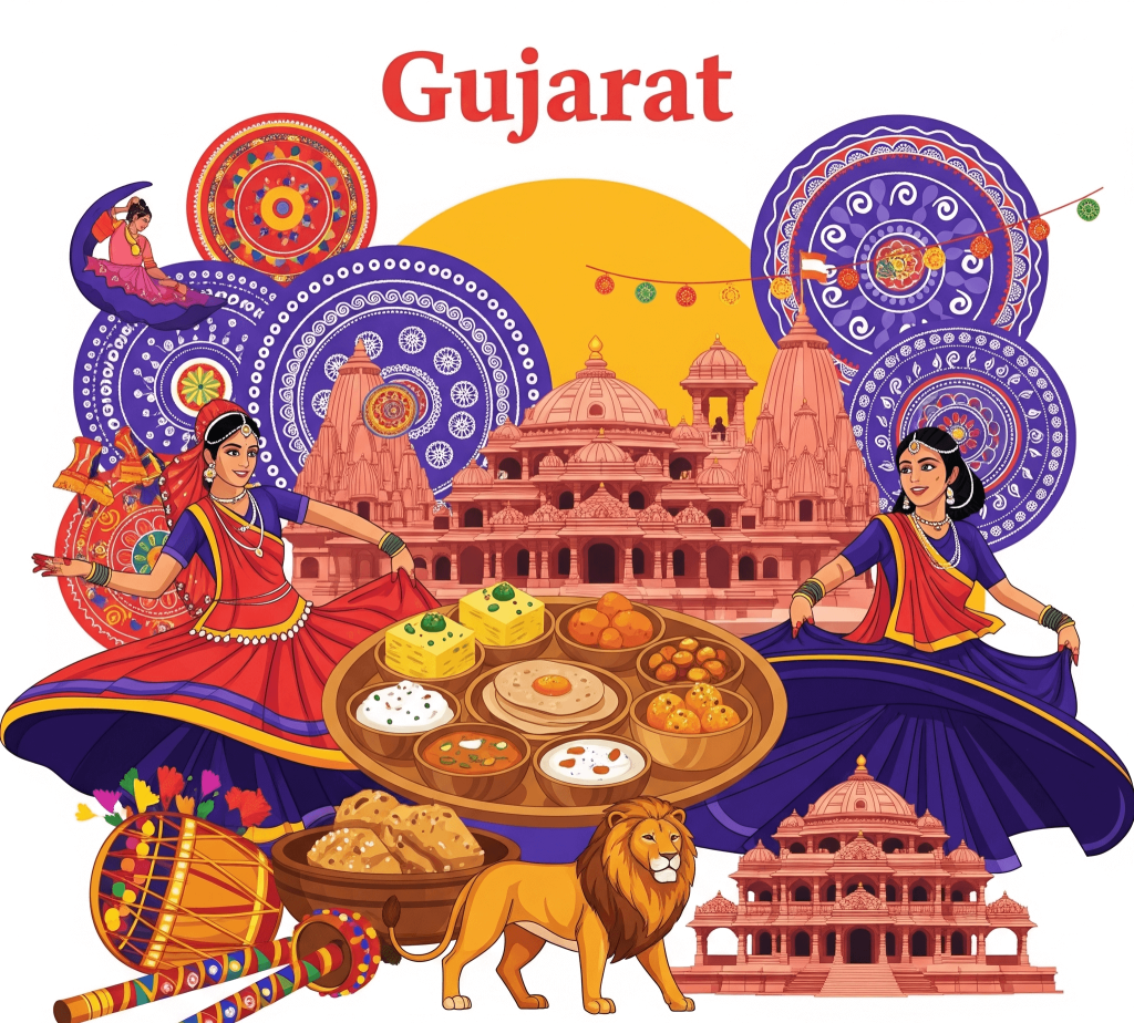 An image mixture of Gujarat Cultures like dance, art, animal, place etc