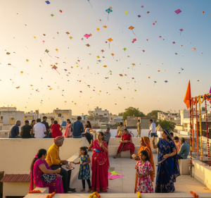 Celebrating festivals in Gujarat, a vibrant Uttarayan scene unfolds with countless colorful kites filling the clear blue sky as people joyfully fly them from rooftops.