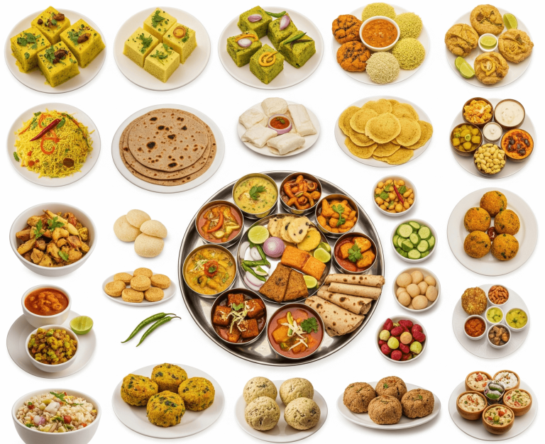 Grid of Gujarati dishes
