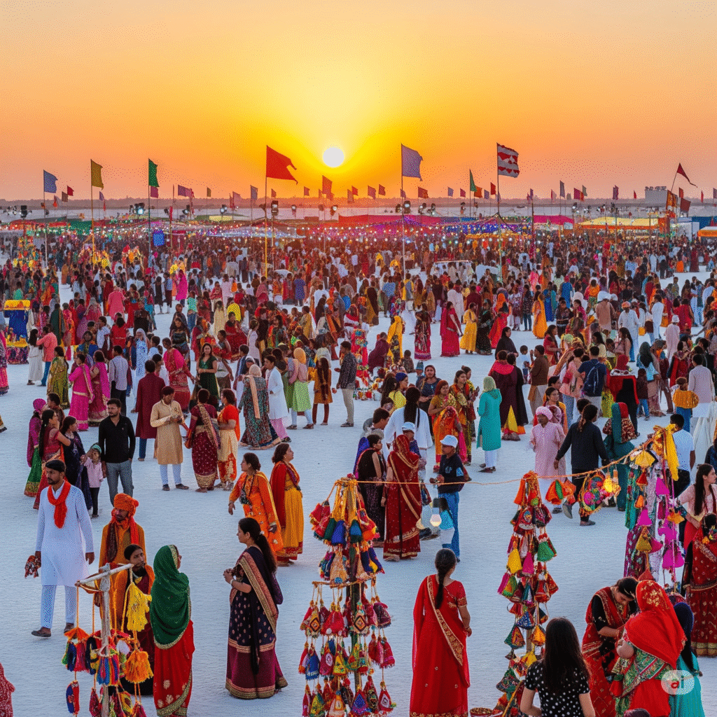 Celebrating a festival in Gujarat, the Rann Utsav presents a vast, jubilant crowd amidst the stunning white desert, adorned with vibrant stalls and lights under the setting sun.