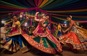 People swaying rhythmically during Navratri . This celebration is central to festivals in Gujarat