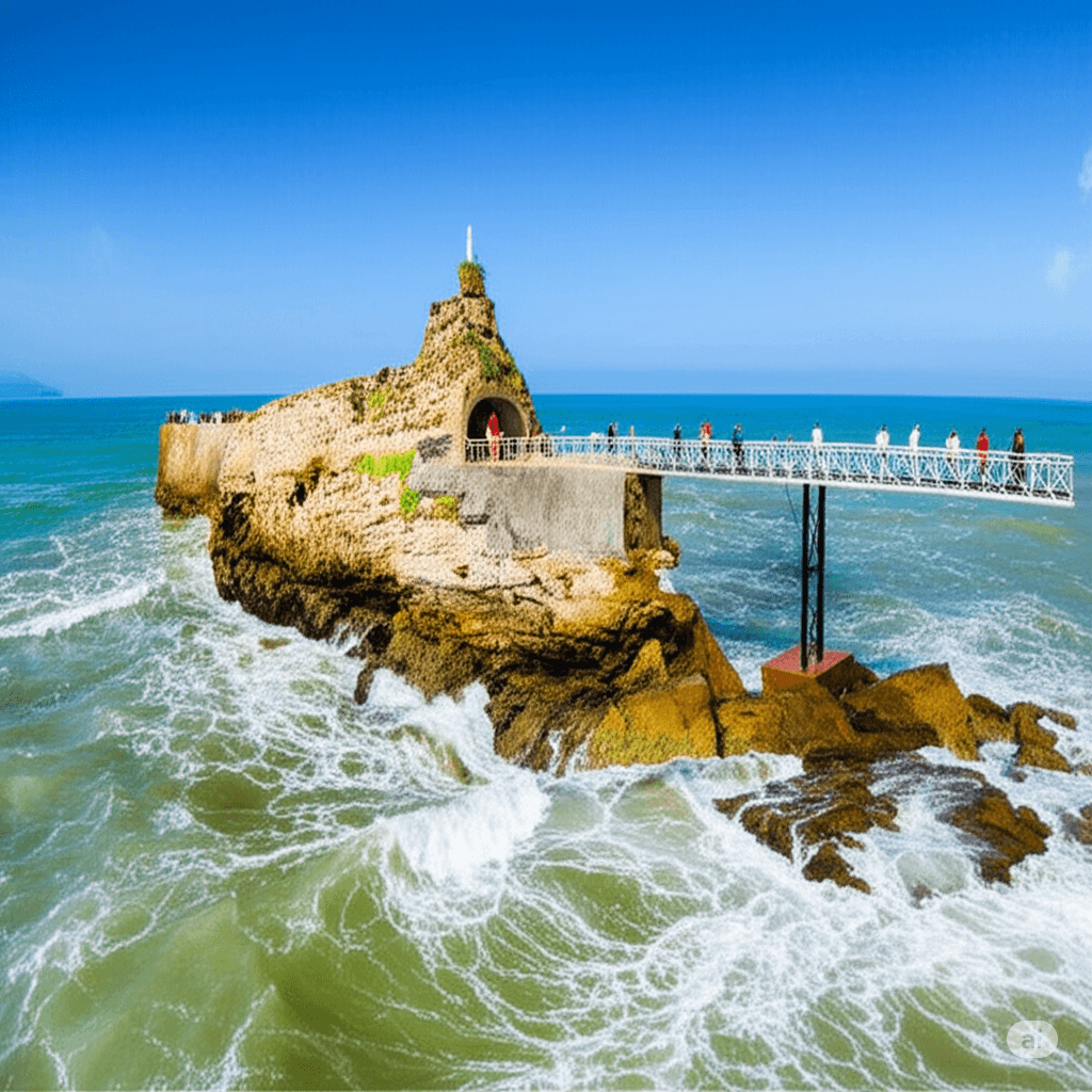 A colorful parasail carries two people over the blue waters of Nagoa Beach in Diu. The sandy shore is lined with trees and dotted with people, highlighting the vibrant beaches of Gujarat.