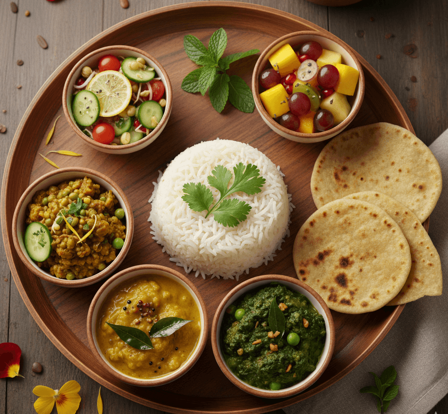 A colorful gujarati thali with rice, flatbreads, lentil dal, spinach curry, salad, and fruit on a wooden platter.