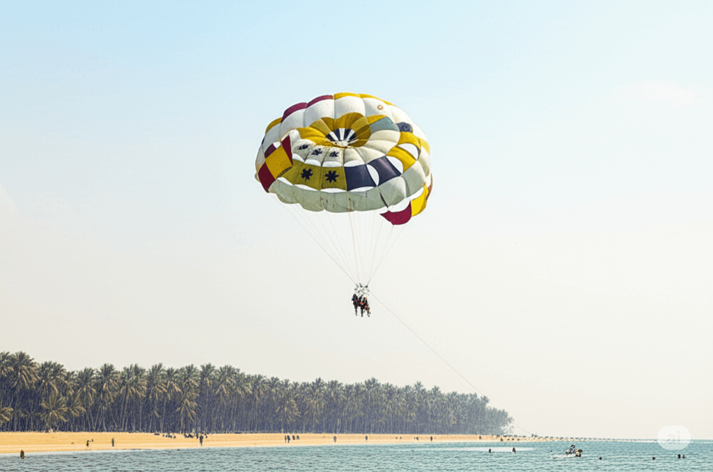 A colorful parasail carrying two people glides over the clear waters of Nagoa Beach, Diu, near Bhavnagar. The sandy shore, lined with green palm trees and dotted with people, showcases the beautiful beaches of Gujarat.