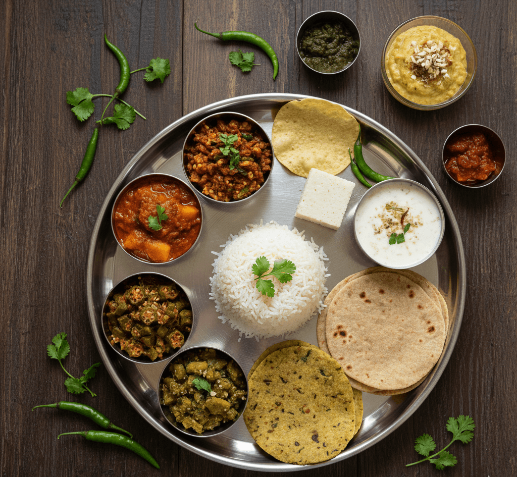 Alt text: A Gujarati thali with rice, chapati, thepla, papad, curries, yogurt, sweets, and chutneys served on a steel plate.